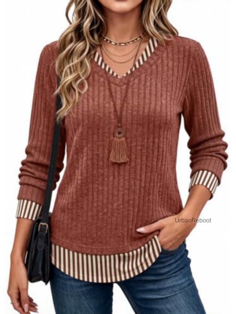 Women's Long Sleeve V-Neck Ribbed Knit Layered Tunic Top Lightweight